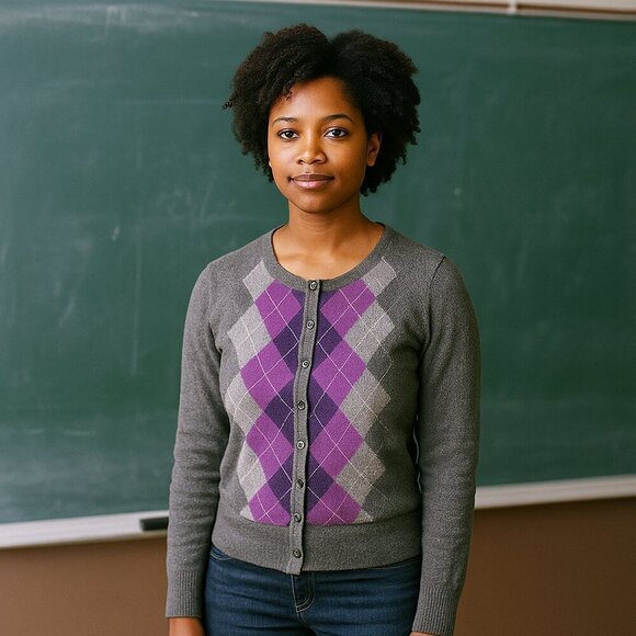 Women’s Gray Argyle Button Front Cashmere Sweater Cardigan - Picture 1 of 9
